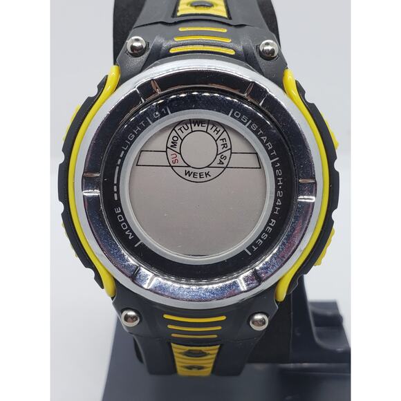 Men's digital sports watch. Black and yellow accents. Multi function face